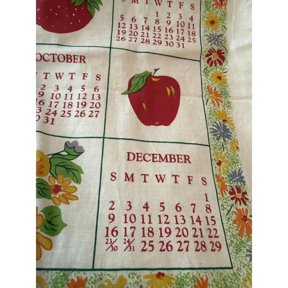 Vintage 2001 Calendar Tea Towel Flowers Fruit Linen Kitchen Wall Hanging Decor